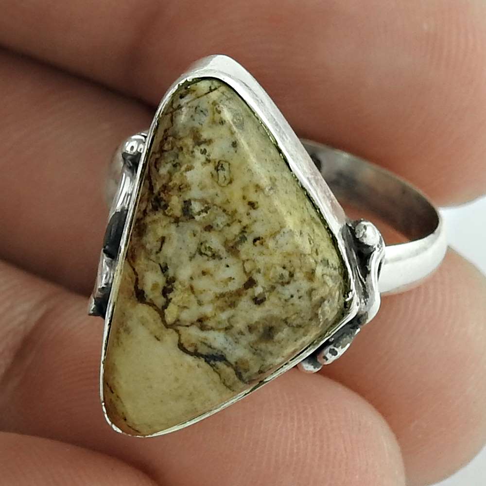 Natural Picture Jasper Statement Ethnic Gray Ring Size 7.5 925 Silver E9