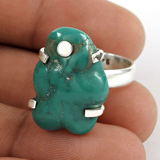 Gift For Her 925 Silver Natural Turquoise Solitaire Ethnic Ring Size 6.5 L24