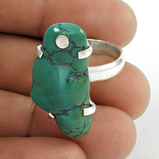 Natural Turquoise Gemstone Solitaire Boho Ring Size 8.5 925 Sterling Silver U6