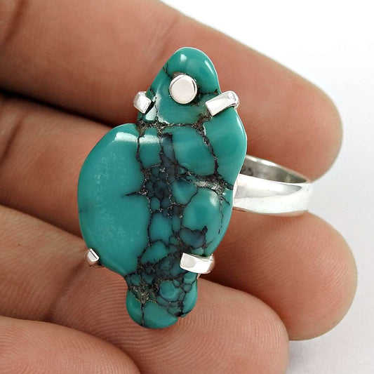 Woman Gift Natural Turquoise Cocktail Ring Size 7.5 925 Silver V6