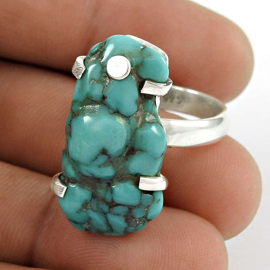 Natural Turquoise Gemstone Cocktail Boho Ring Size 7.5 925 Sterling Silver X6