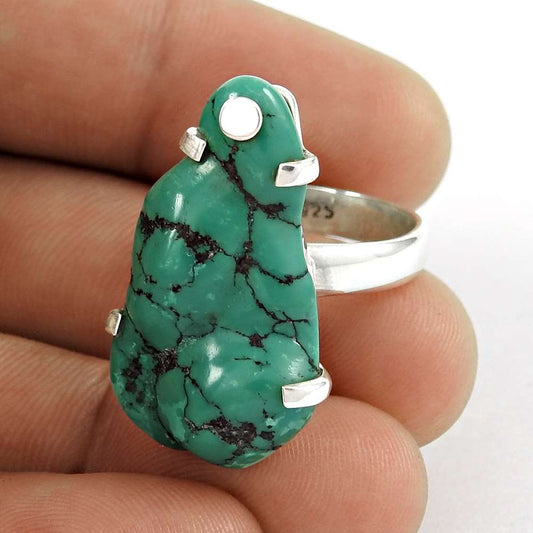 Woman Gift Turquoise 925 Silver Solitaire Bohemian Ring Size 8 B28