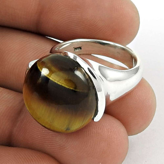 Woman Gift Natural Tiger'S Eye Gemstone Ring Size 7.5 925 Sterling Silver K1