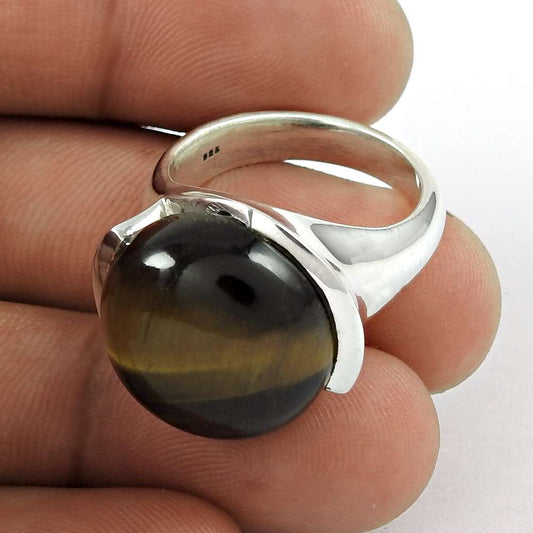 Woman Gift Natural Tiger'S Eye Gemstone Cocktail Ring Size 7 925 Silver L11