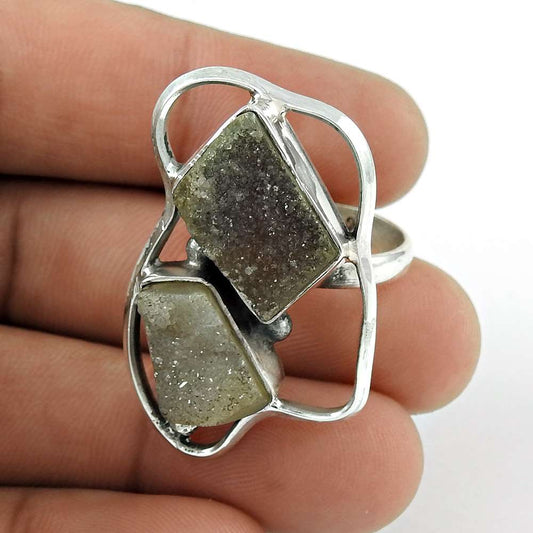 Natural Druzy Gemstone Solitaire Bohemian Ring Size 8 925 Sterling Silver B3