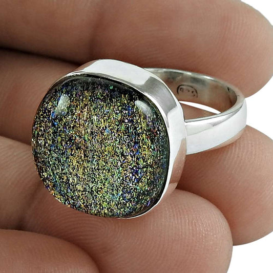 Woman Gift Natural Dico Glass Statement Tribal Ring Size 7.5 925 Silver Y29