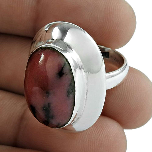 Woman Gift Natural Rhodonite Solitaire Tribal Ring Size 6 925 Silver G30
