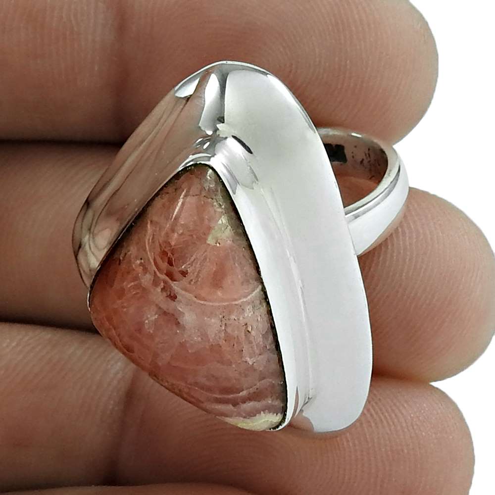Woman Gift Rhodochrosite Solitaire Bohemian Ring Size 6 925 Silver H30