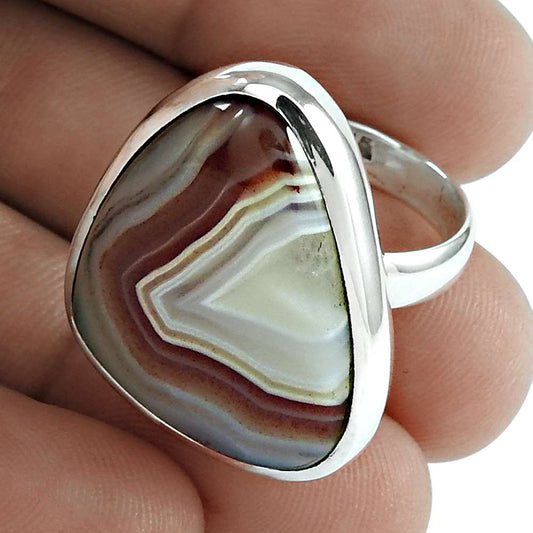 Natural Striped Onyx Gemstone 925 Silver Cocktail Ring Size 7.5 For Women C8
