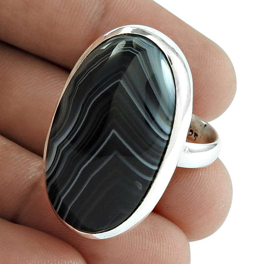 Natural Striped Onyx Statement Boho Ring Size 7.5 925 Silver For Girls D8