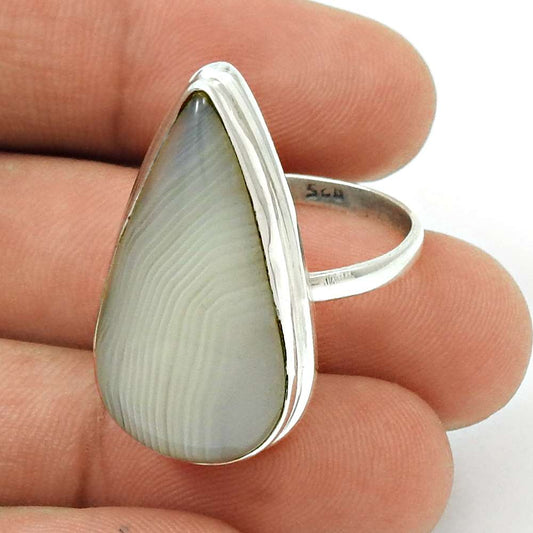 Woman Gift Natural Botswana Agate Gemstone Ring Size 8 925 Silver H13