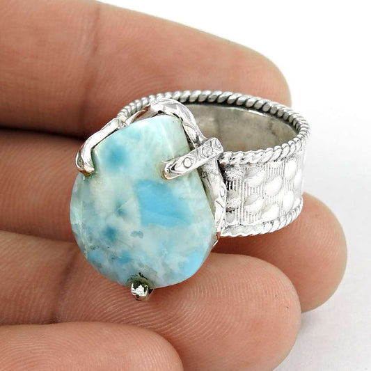 Natural Larimar Gemstone Statement Boho Ring Size 8 925 Sterling Silver I8