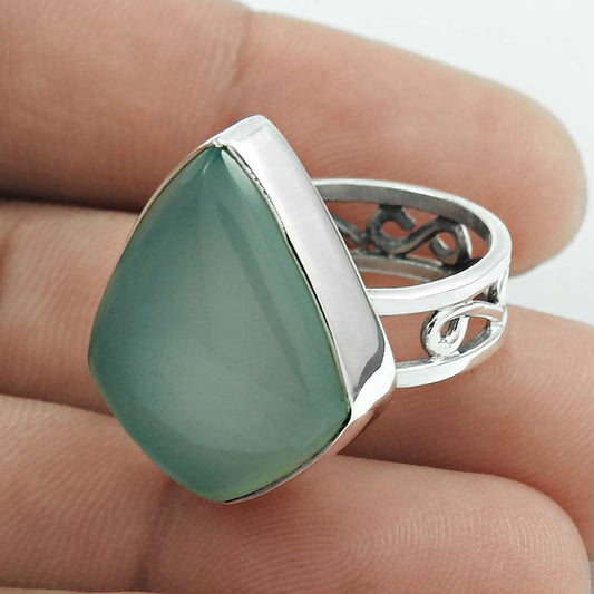 Christmas Gift Natural Chalcedony Gemstone 925 Silver Cocktail Ring Size 7 E8