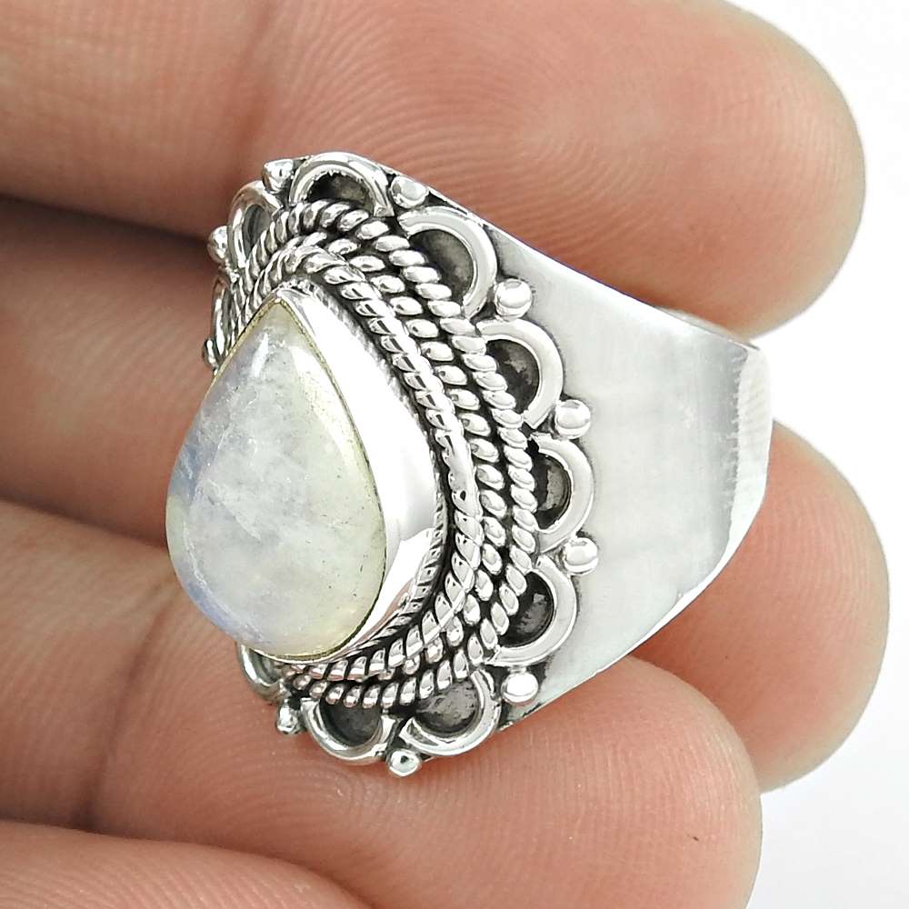 Cocktail Boho Ring Size 8.5 925 Silver Woman Gift Rainbow Moonstone Z31
