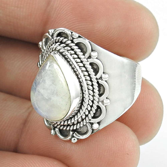 Cocktail Boho Ring Size 8.5 925 Silver Woman Gift Rainbow Moonstone Z31