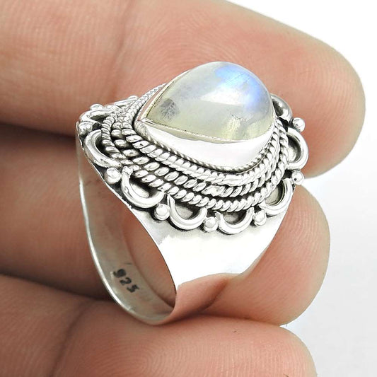 Natural Rainbow Moonstone Solitaire Tribal Ring Size 8 925 Silver G28