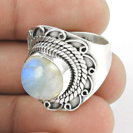 925 Silver Natural Rainbow Moonstone Cocktail Tribal Ring Size 7 H28