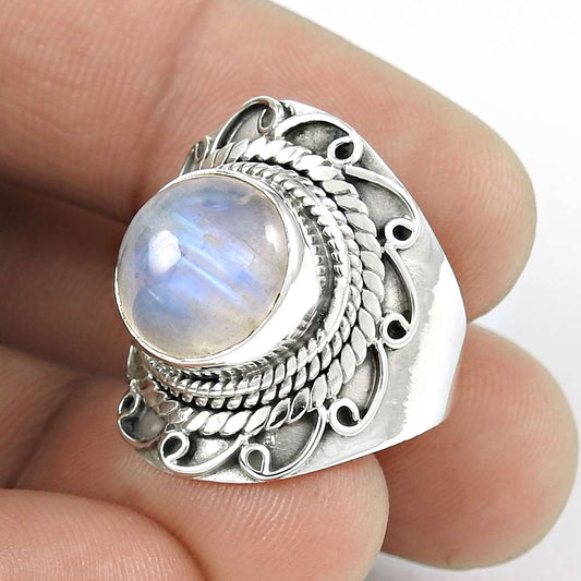 925 Silver Natural Rainbow Moonstone Solitaire Tribal Ring Size 6 I28