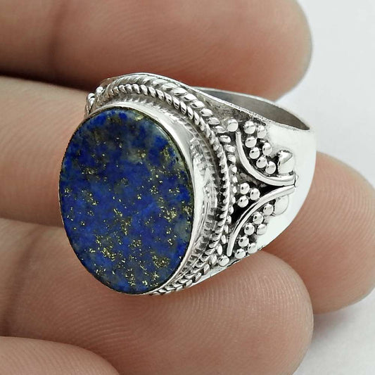 Natural Lapis Lazuli Gemstone Statement Ring Size 7.5 925 Sterling Silver A16