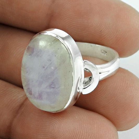 925 Silver Natural Rainbow Moonstone Solitaire Vintage Ring Size 7 C26