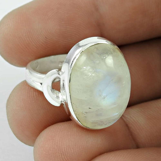 Woman Gift 925 Silver Natural Moonstone Solitaire Bohemian Ring Size 7.5 H32