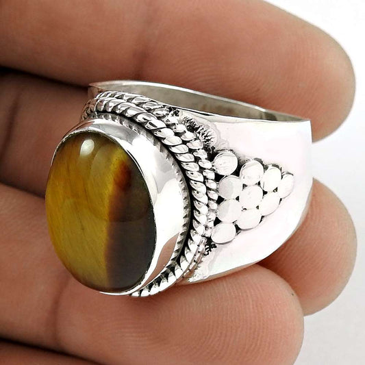 Woman Gift Natural Tiger'S Eye Cocktail Boho Ring Size 11 925 Silver K2