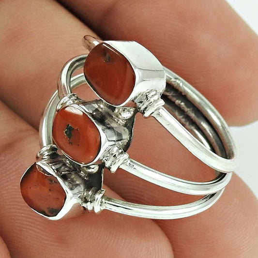 Natural Coral Gemstone Solitaire Tribal Ring Size 9.5 925 Silver For Women B5