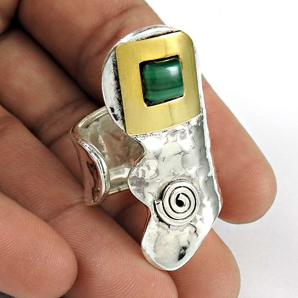 Woman Gift 925 Sterling Silver Natural Malachite Cocktail Ring Size 6 C14