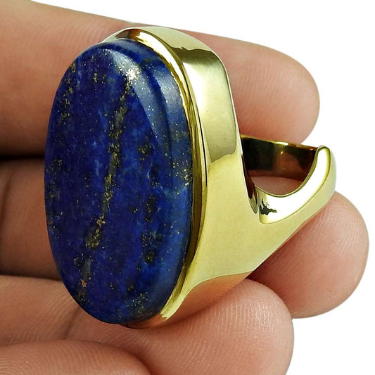 Woman Gift Natural Lapis Lazuli 925 Silver Gold Plated Ring Size 6.5 J14