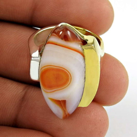 Woman Gift Natural Striped Onyx Gemstone Orange Ring Size 8 925 Silver K14