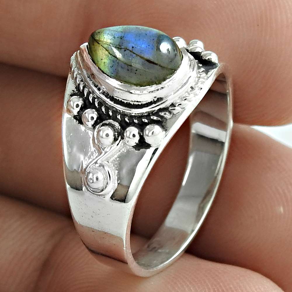 Lustrous 925 Sterling Silver Labradorite Gemstone Ring Ethnic Jewelry Wholesale Price
