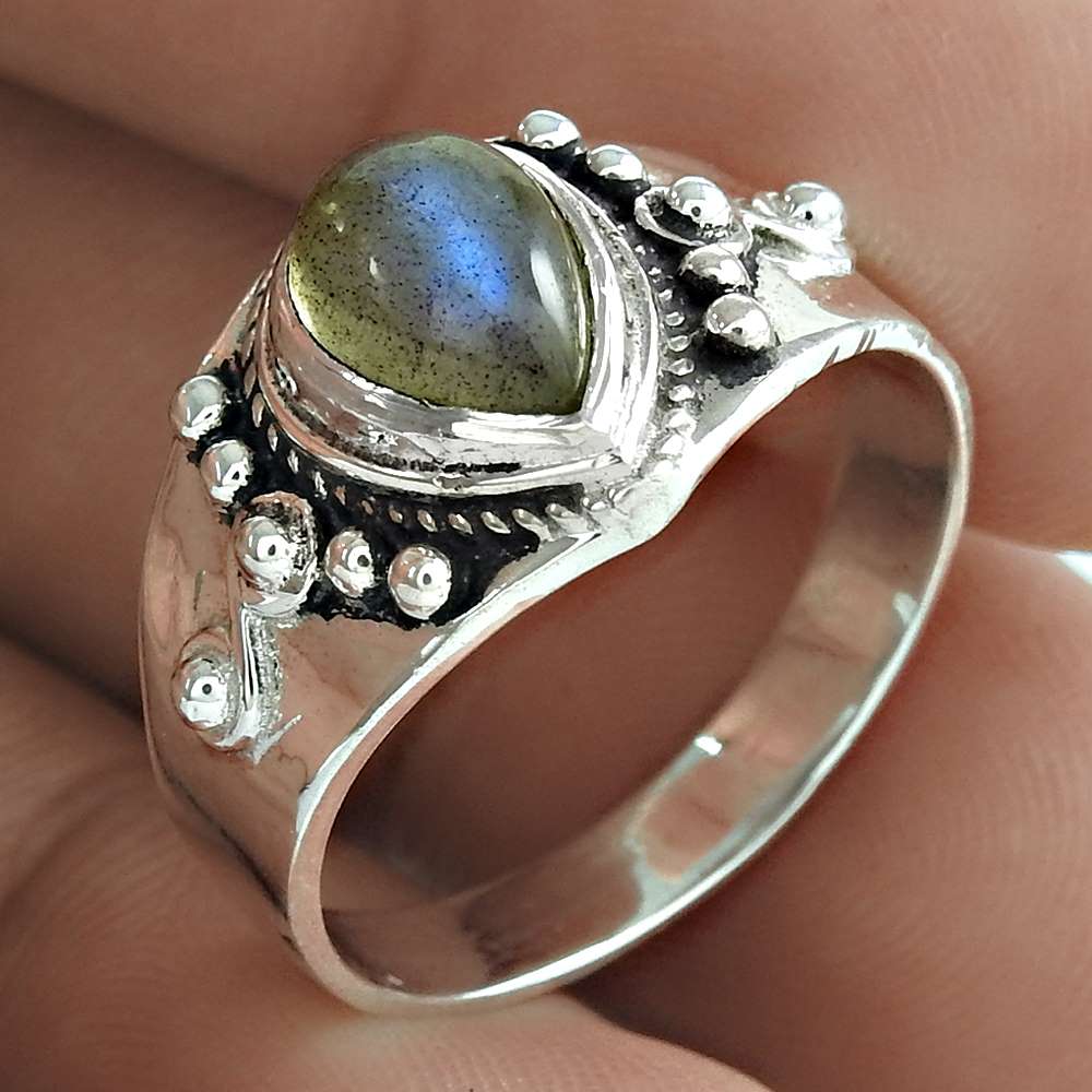 Lustrous 925 Sterling Silver Labradorite Gemstone Ring Ethnic Jewelry Wholesale Price