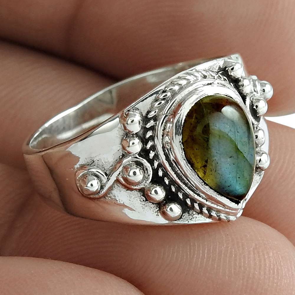 Lustrous 925 Sterling Silver Labradorite Gemstone Ring Ethnic Jewelry Wholesale Price