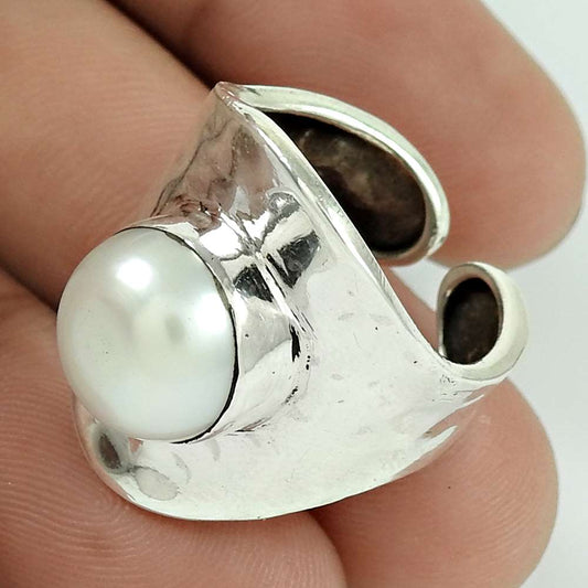Natural Pearl 925 Sterling Silver Statement Ring Size 8 For Women Y6