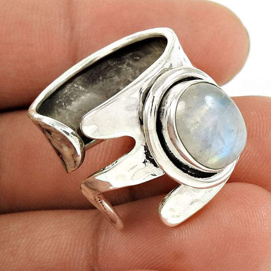 Natural Rainbow Moonstone 925 Silver Statement Bohemian Ring Size 8 For Women Z6