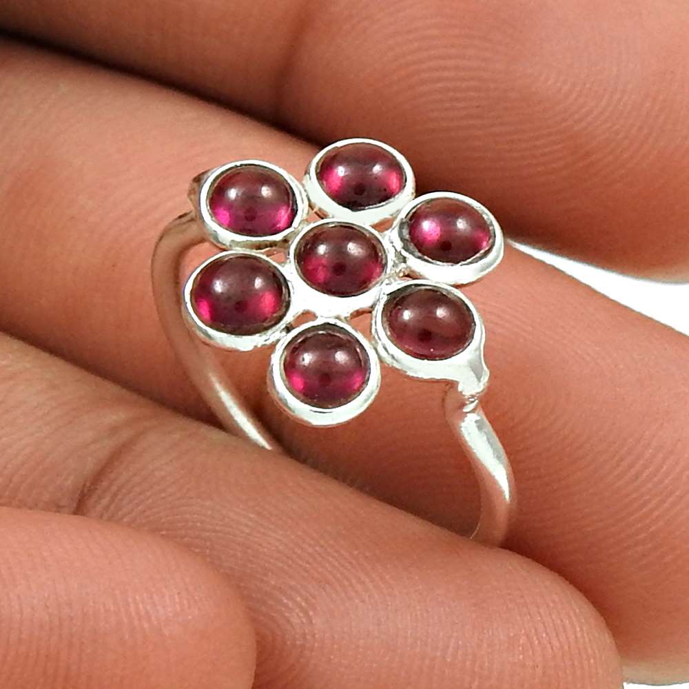 Lustrous 925 Sterling Silver Garnet Gemstone Flower Ring Handmade Jewelry C25