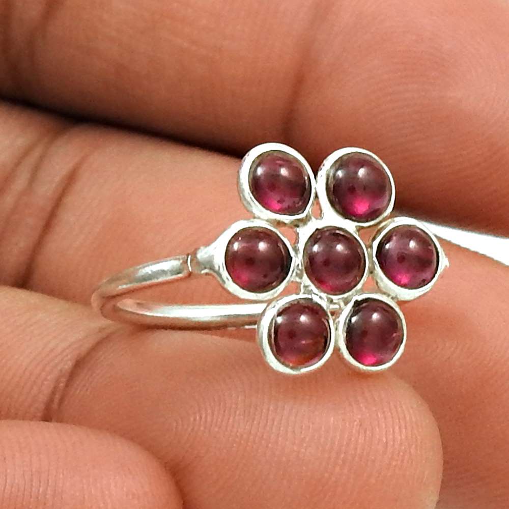 Lustrous 925 Sterling Silver Garnet Gemstone Flower Ring Handmade Jewelry C25