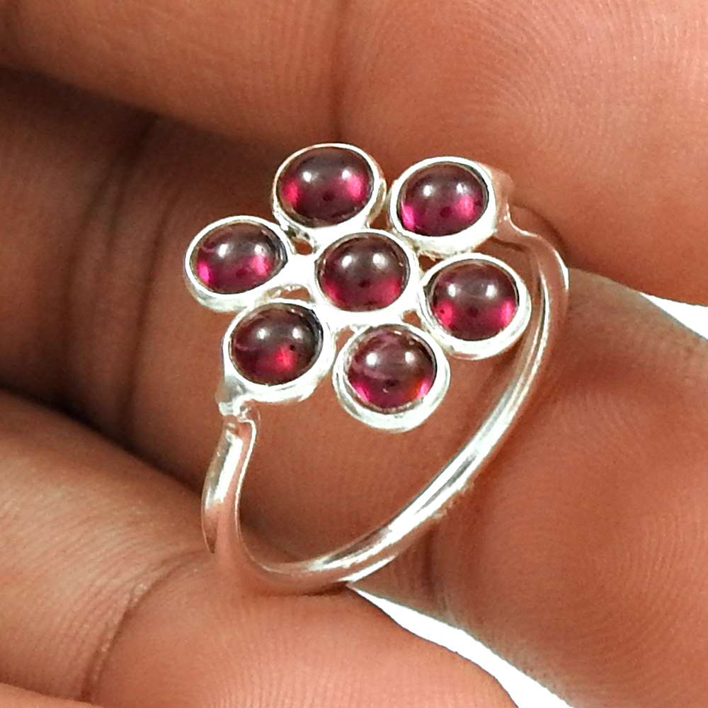 Lustrous 925 Sterling Silver Garnet Gemstone Flower Ring Handmade Jewelry C25