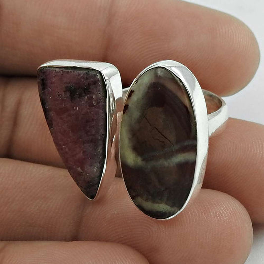 Natural Rhodonite Gemstone Statement Open Ring Size M 1/2 925 Silver B10