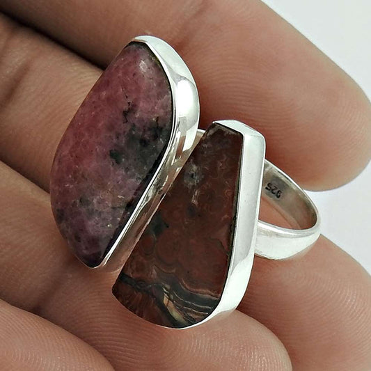 Natural Rhodonite Gemstone Cocktail Vintage Ring Size M 1/2 925 Silver C6