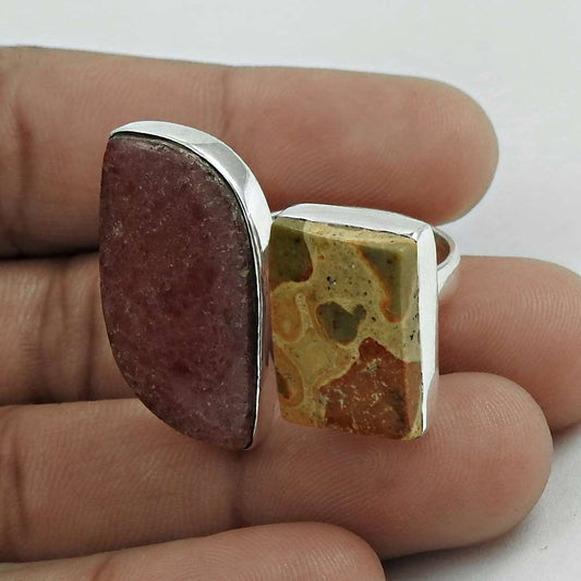 Natural Rhodonite Gemstone Cocktail Open Ring Size O 925 Silver For Women B4