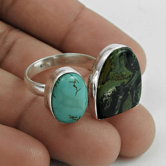 Gift For Women Cocktail Open Ring Size R 925 Silver Natural Turquoise H9