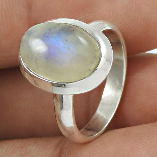 Natural RAINBOW MOONSTONE HANDMADE 925 Solid Sterling Silver Ring Size 6 SS65