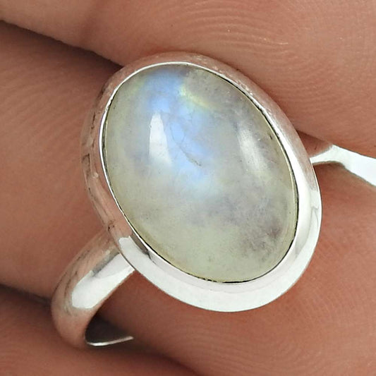 Natural RAINBOW MOONSTONE HANDMADE 925 Solid Sterling Silver Ring Size 8 QQ68