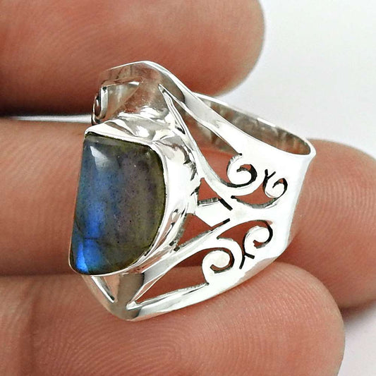 Labradorite Gemstone Ring 925 Sterling Silver Vintage Look Jewelry RF64