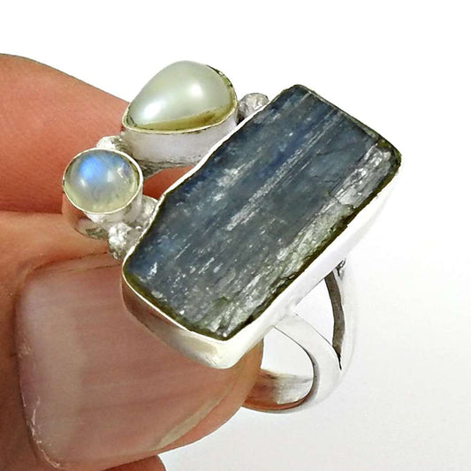 Stylish 925 Sterling Silver Kyanite, Pearl, Rainbow Moonstone Gemstone Ring Ethnic Jewelry C17
