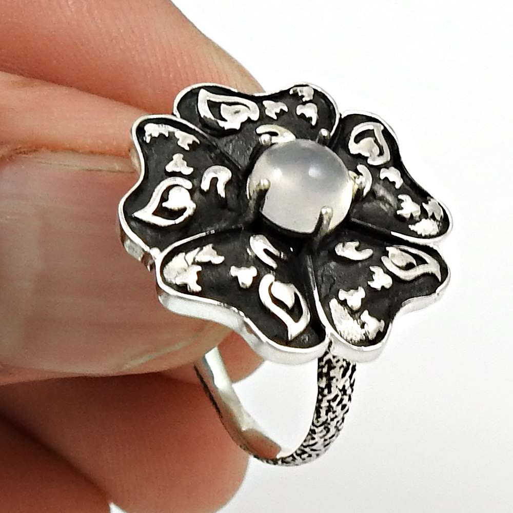 Rare 925 Sterling Silver Rose Quartz Gemstone Flower Ring Size 10 Antique Jewelry B47