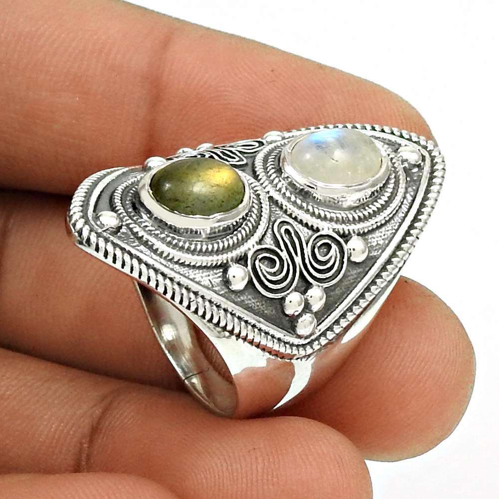 HANDMADE 925 Silver Natural RAINBOW MOONSTONE LABRADORITE Ring Size 7 FF17