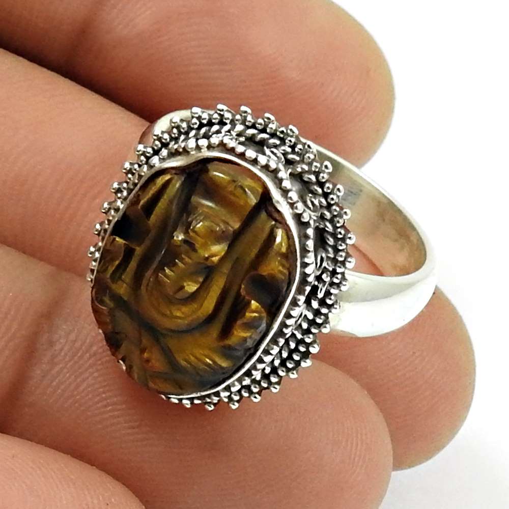 Natural Tiger Eye Ganesha Ring Size 7 925 Silver HANDMADE Fine Jewelry QQ22