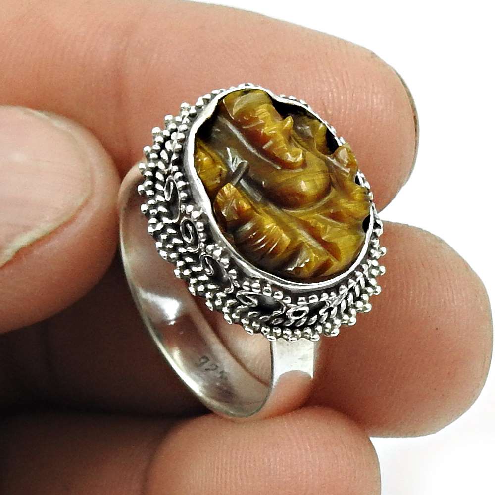 Natural Tiger Eye Ganesha Ring Size 7 925 Silver HANDMADE Fine Jewelry QQ22